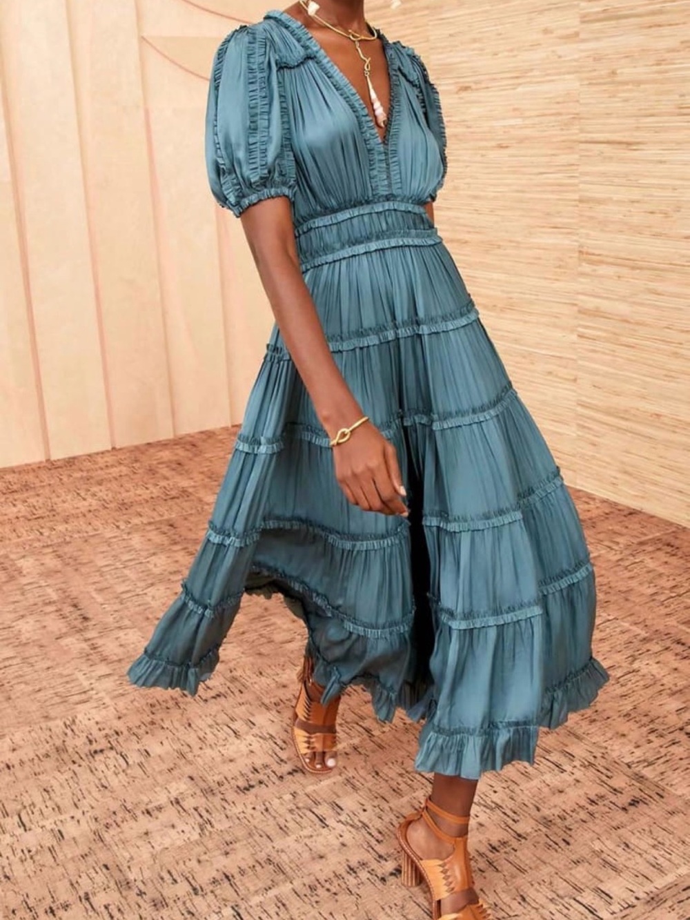 Ulla Johnson Olivia Plissé Satin Ruffle Midi Dress Atlantic Blue | Size 14